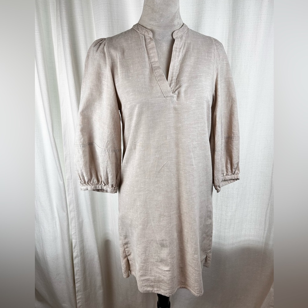 Women's H&M Beige Linen Split-Neck Preppy Mini Dress with Puff Sleeves Size XS